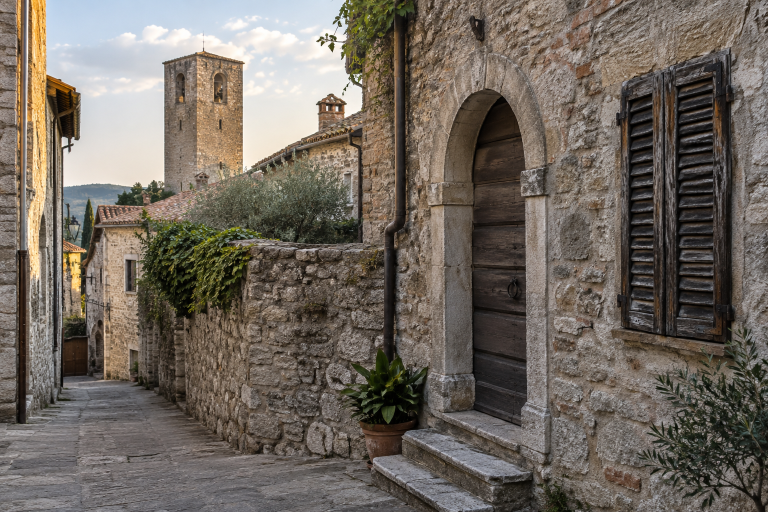 Antica strada di paese con casa in pietra e torre / Old village lane with stone house and tower