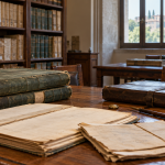 Registri e carte antiche su un tavolo di consultazione in archivio