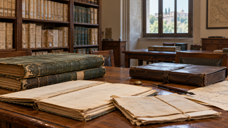 Registri e carte antiche su un tavolo di consultazione in archivio