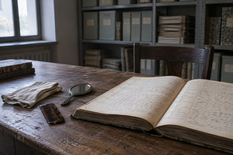 Registro storico, pettine, specchio e guanti da lavoro / Historical register, comb, mirror and work gloves