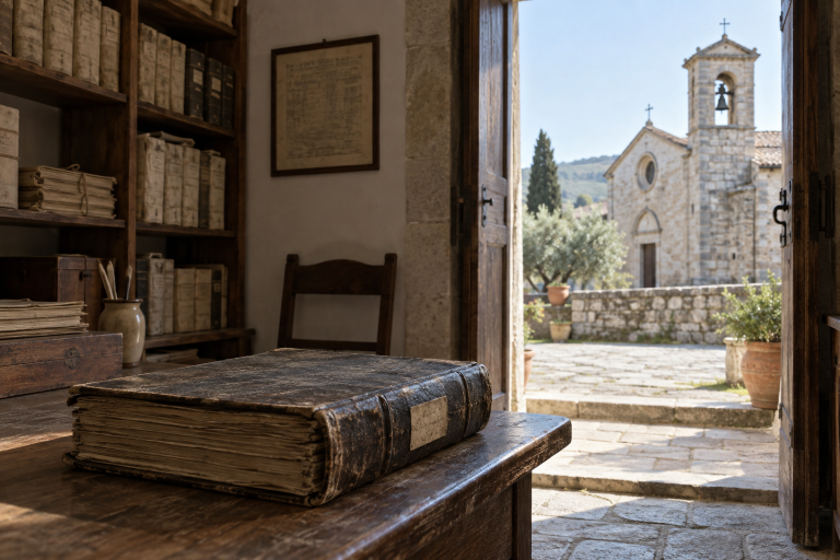 Registro parrocchiale in un archivio accanto a una chiesa italiana / Parish register in an archive beside an Italian church