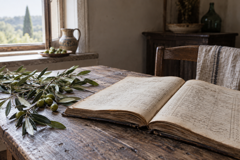 Registro familiare aperto accanto a rami d’ulivo / Family ledger beside olive branches
