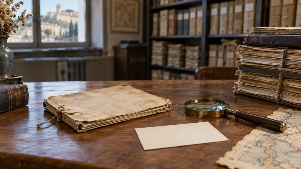 Quiet Italian archive table for researching rare surnames