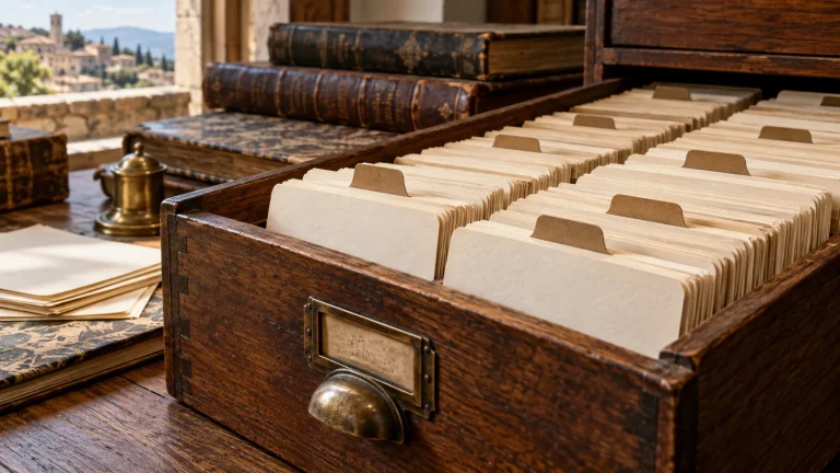 Schede d'archivio per cognomi italiani con De, Di e D apostrofo / Archive index cards for Italian surnames with De, Di and D apostrophe